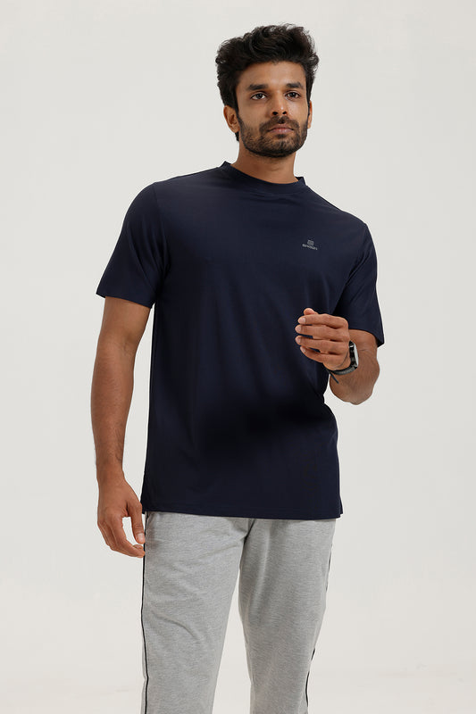 Dark Blue round neck T-shirt designed for men’s active and casual wear.
