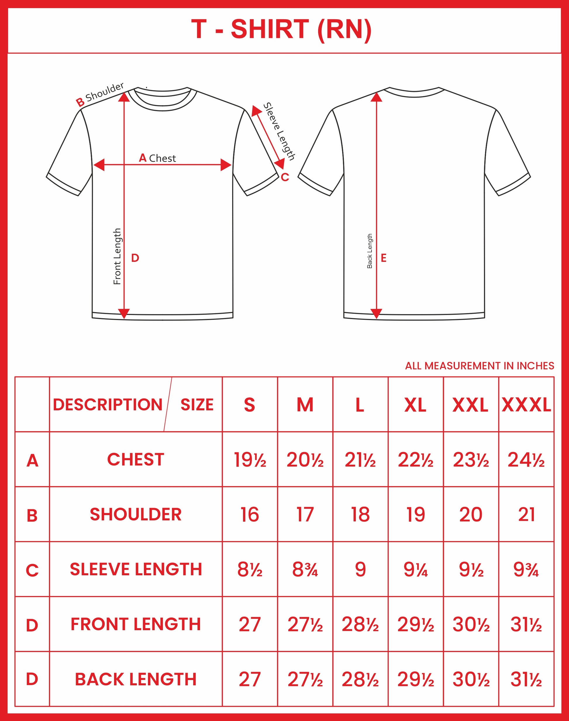 T Shirt Size Chart