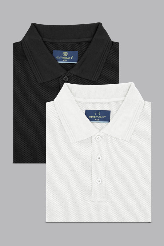 Black and white patterned polo shirts with a brand label on a gray background