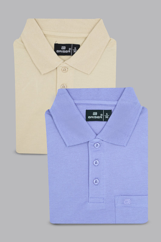 Two polo shirts, one beige and one blue, with Wrangler branding on a gray background.