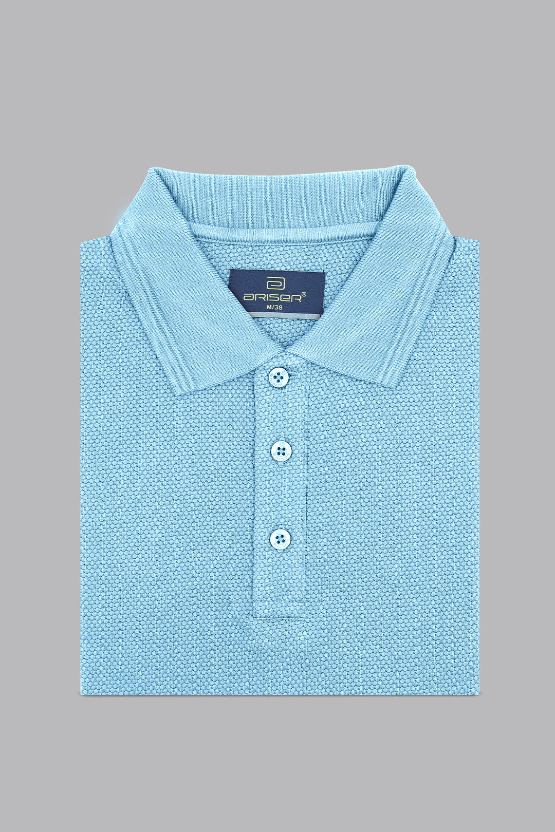 Light blue polo shirt on a gray background