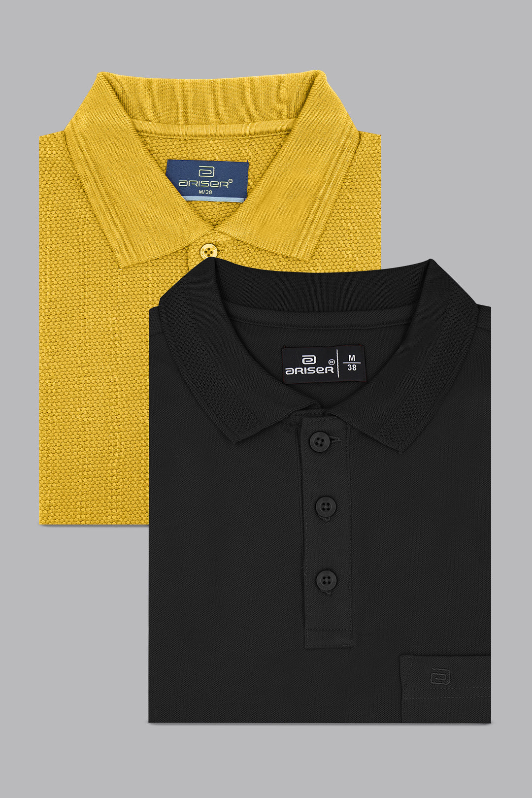 Yellow and black polo shirts with a brand logo on a gray background