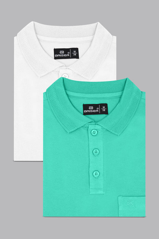 Two polo t-shirts, one white and one green, with a brand label on a gray background.
