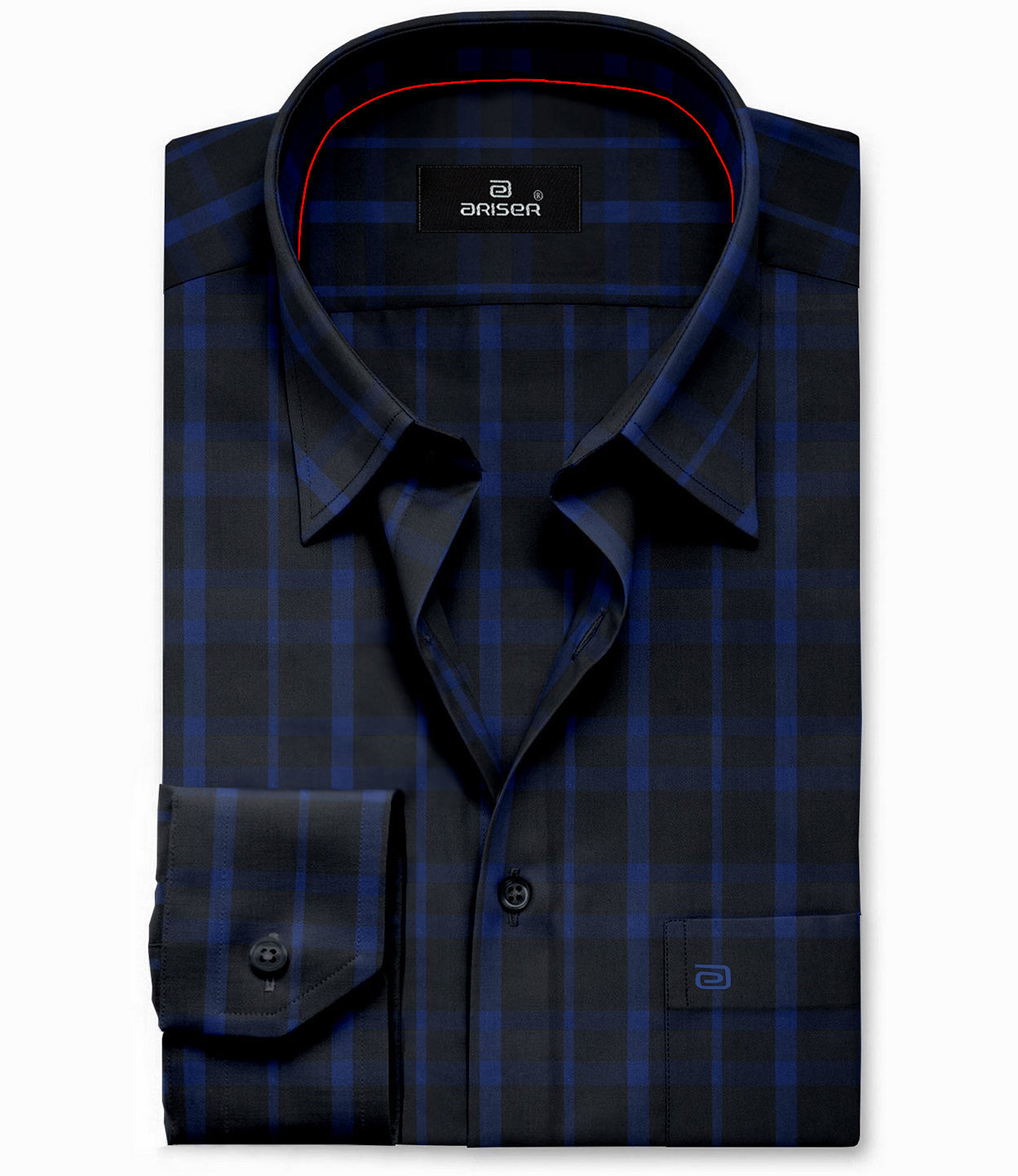 black with blue check shirt