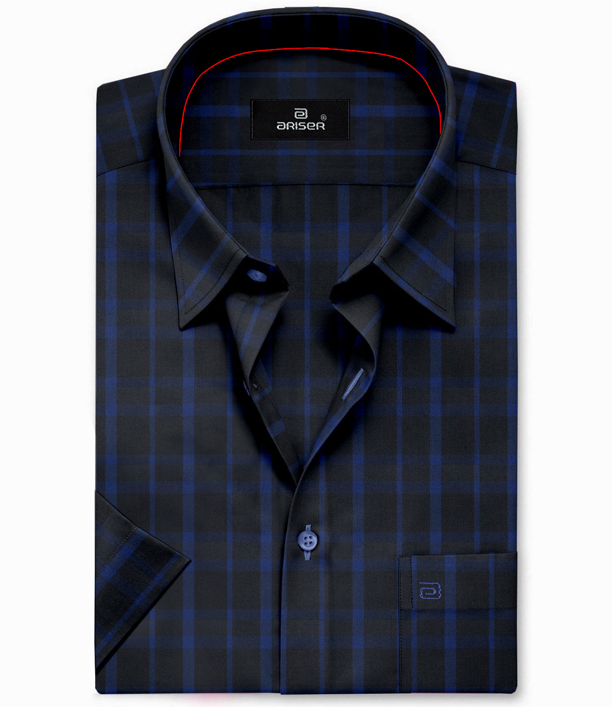 black with blue check shirt