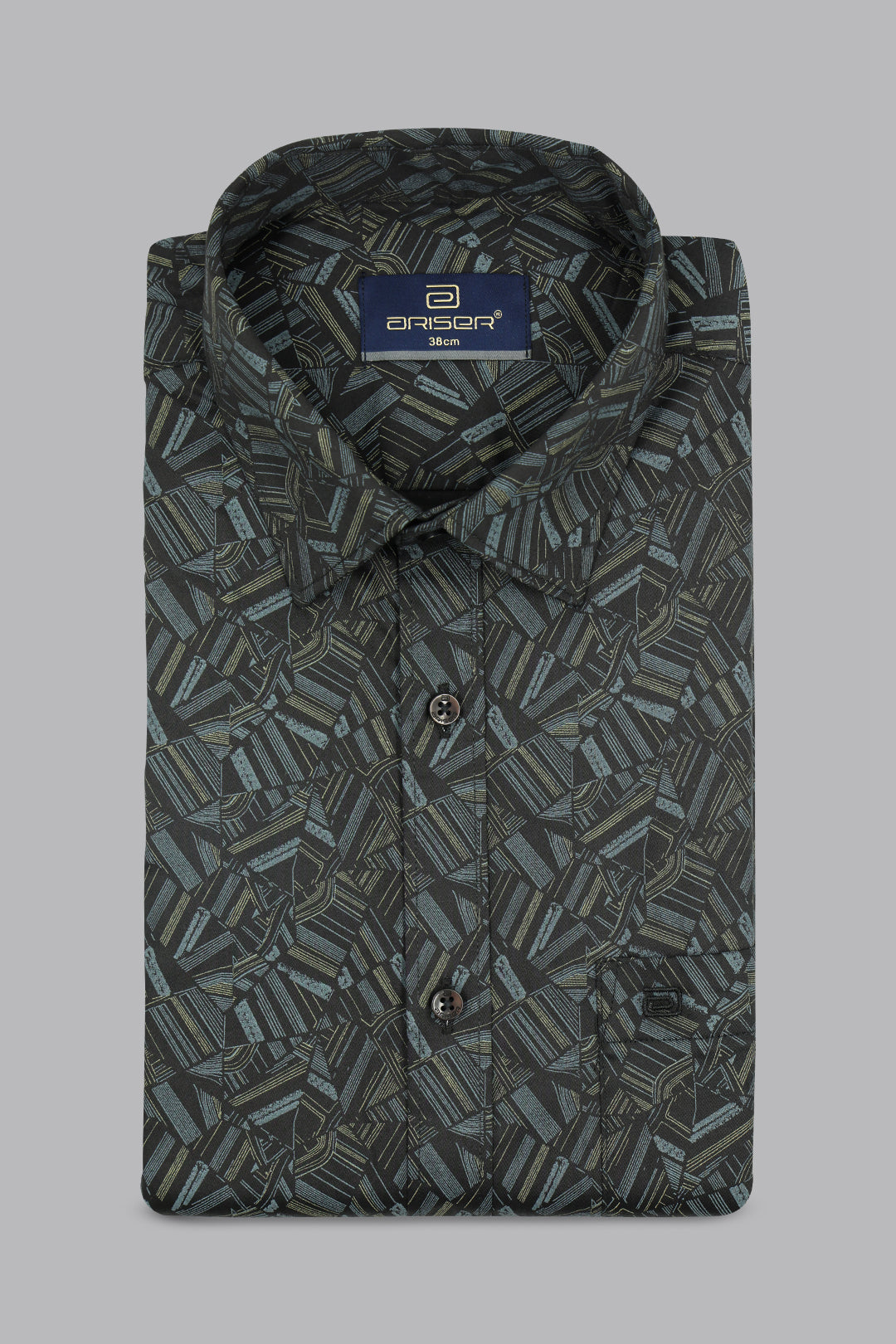 Printed shirt with a brand label on a gray background