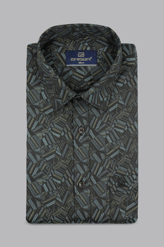 Printed shirt with a brand label on a gray background