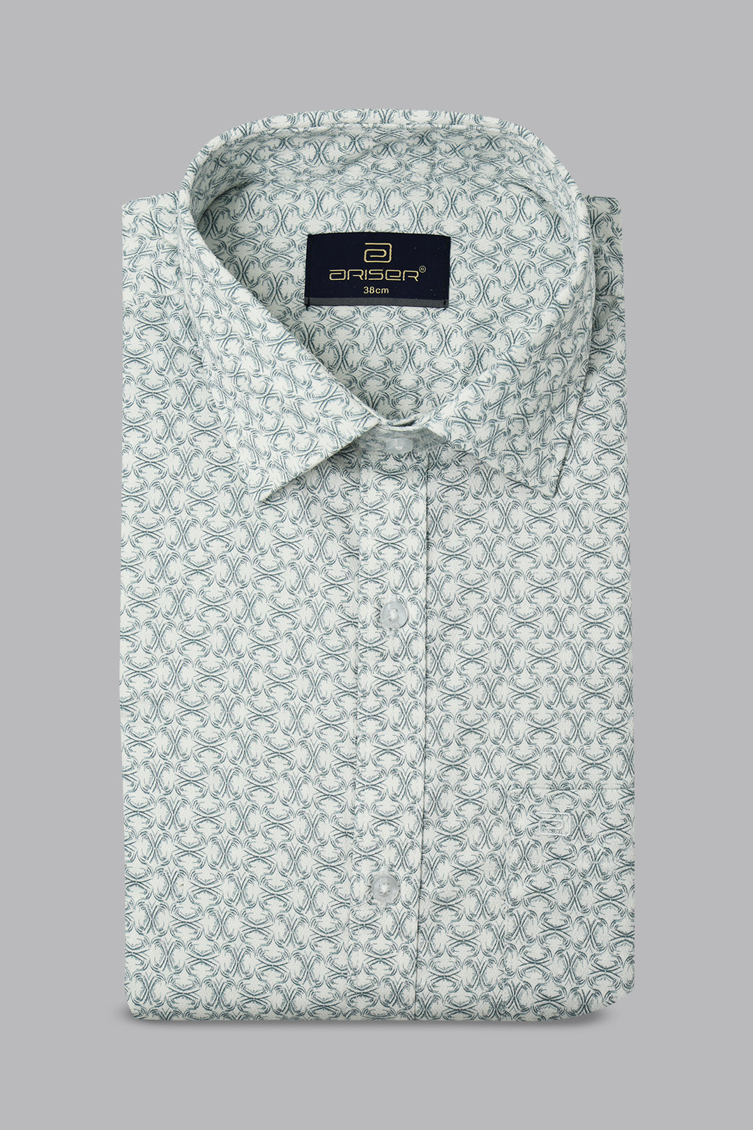 Patterned shirt with a ariser brand label on a gray background