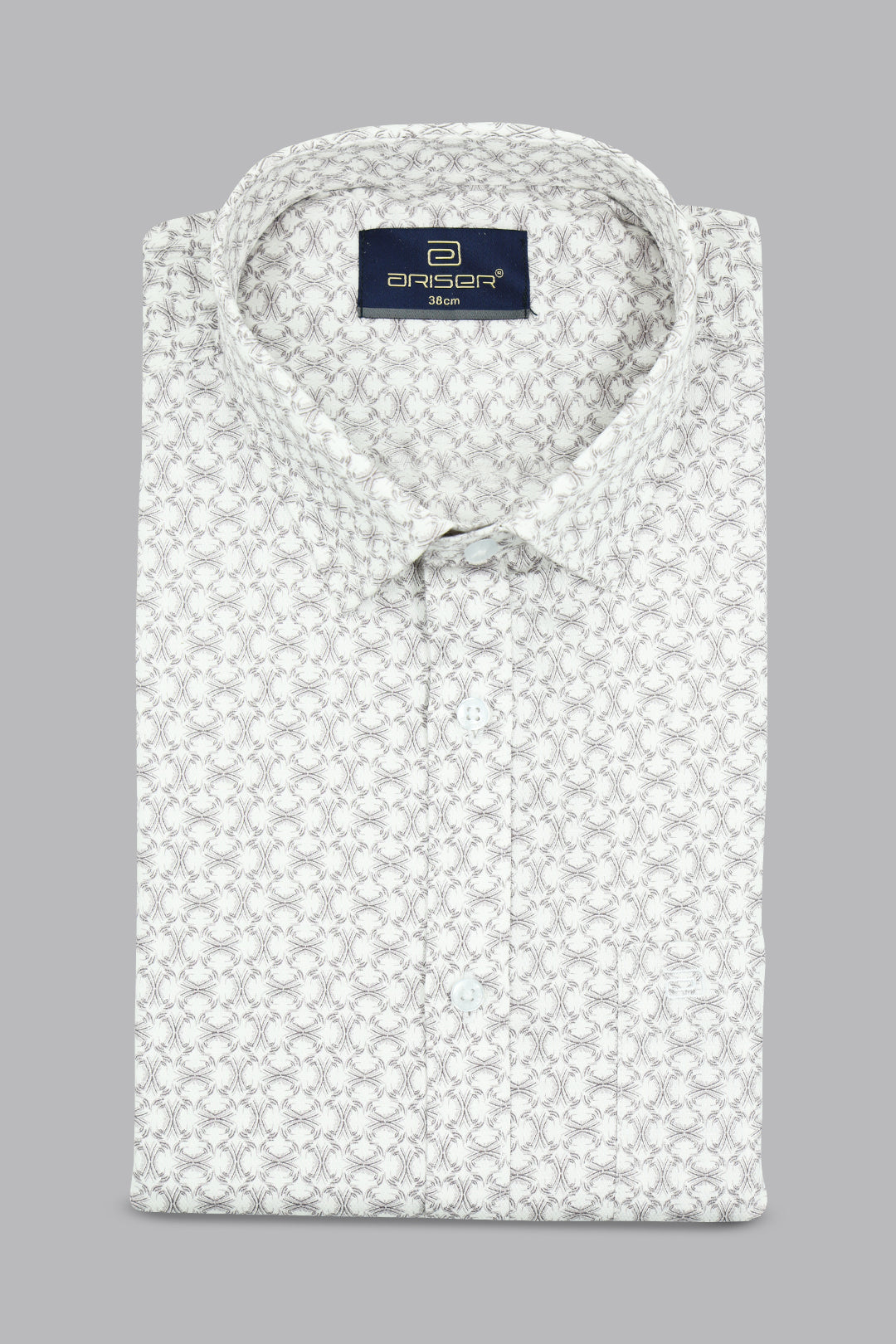 White patterned shirt with a collar on a gray background