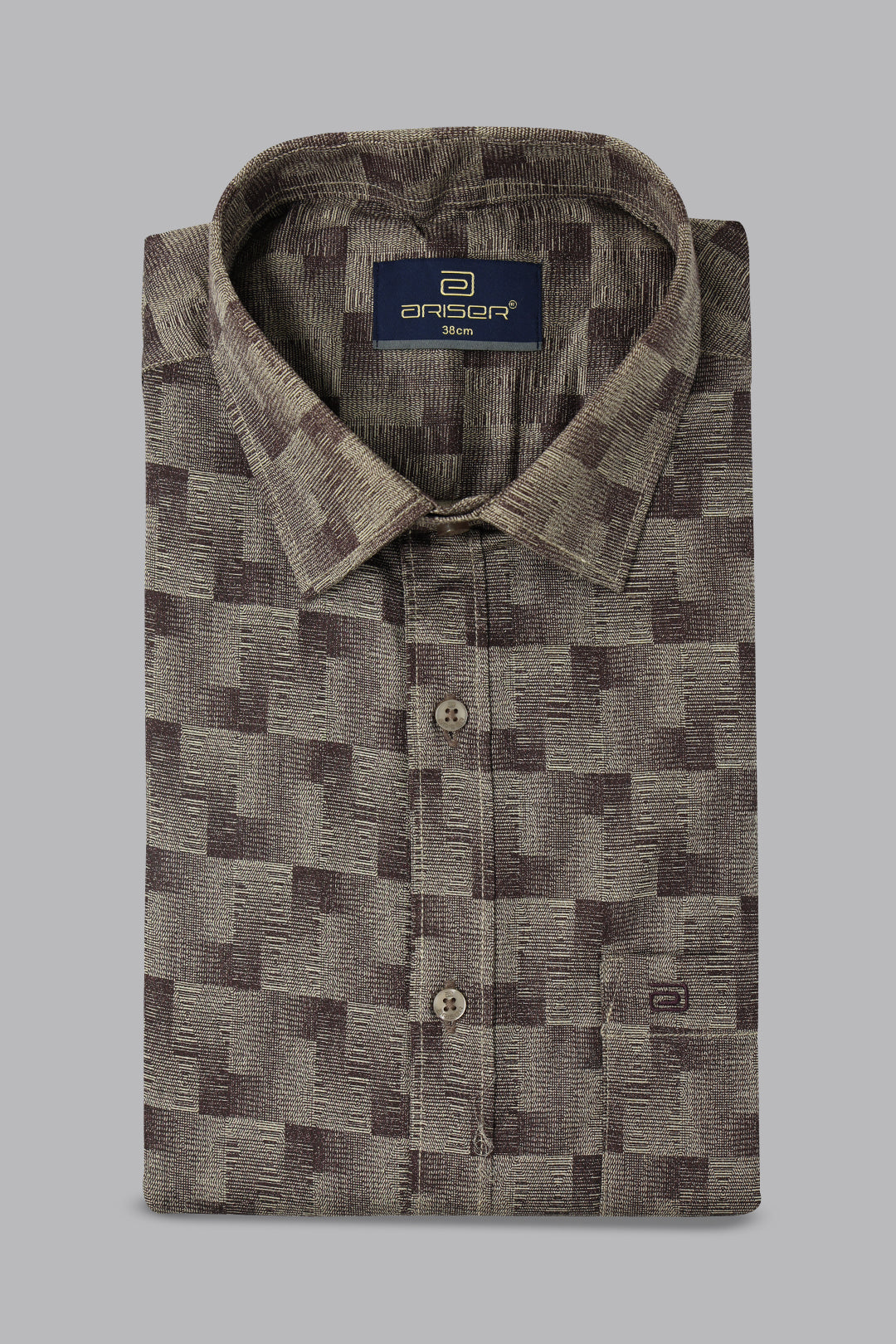 Patterned shirt with ariser brand label on a gray background