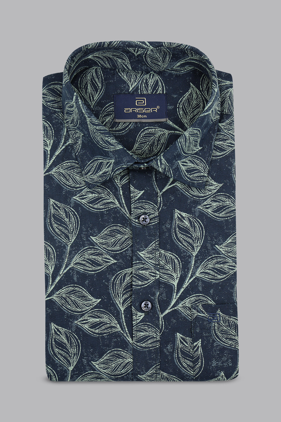 Dark blue shirt with leaf pattern on a gray background