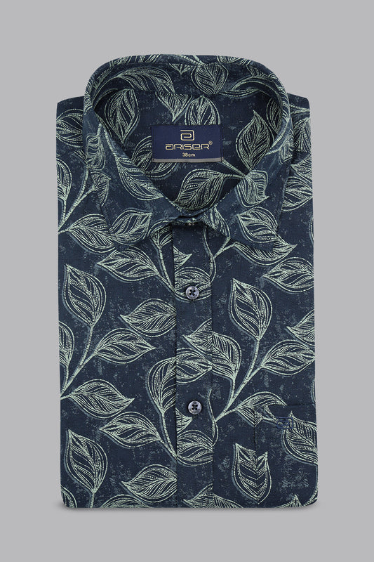 Dark blue shirt with leaf pattern on a gray background