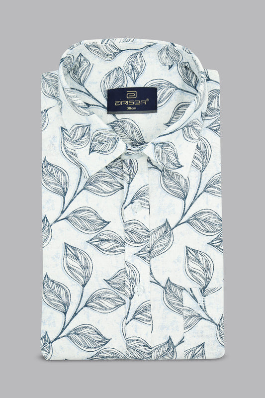 White shirt with blue leaf pattern on a gray background