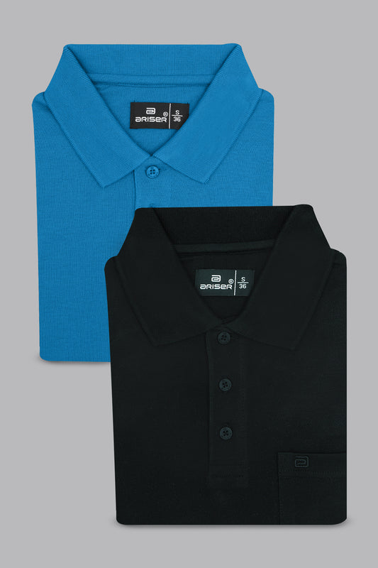 Folded blue and black polo shirts with a brand label on a gray background
