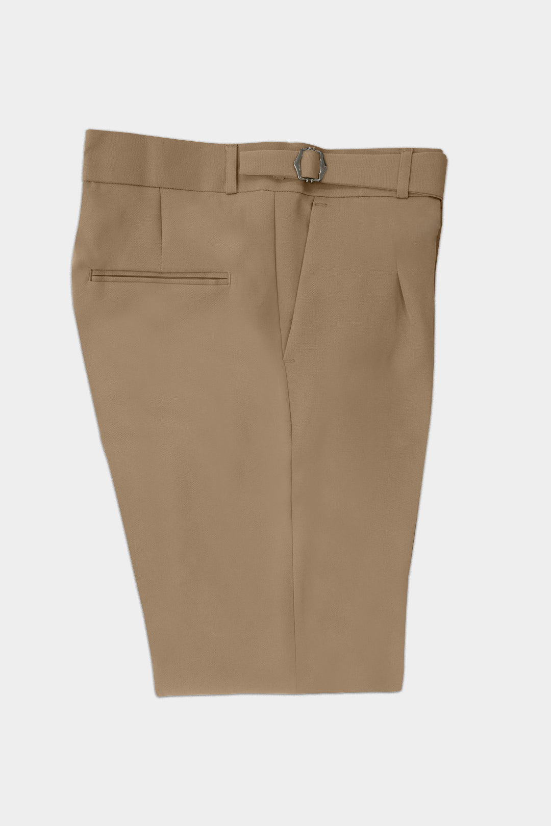 A pair of men's tailored trousers in a warm tan or khaki color, featuring a belt loop, front pleats, and a side welt pocket, shown against a plain light gray background.