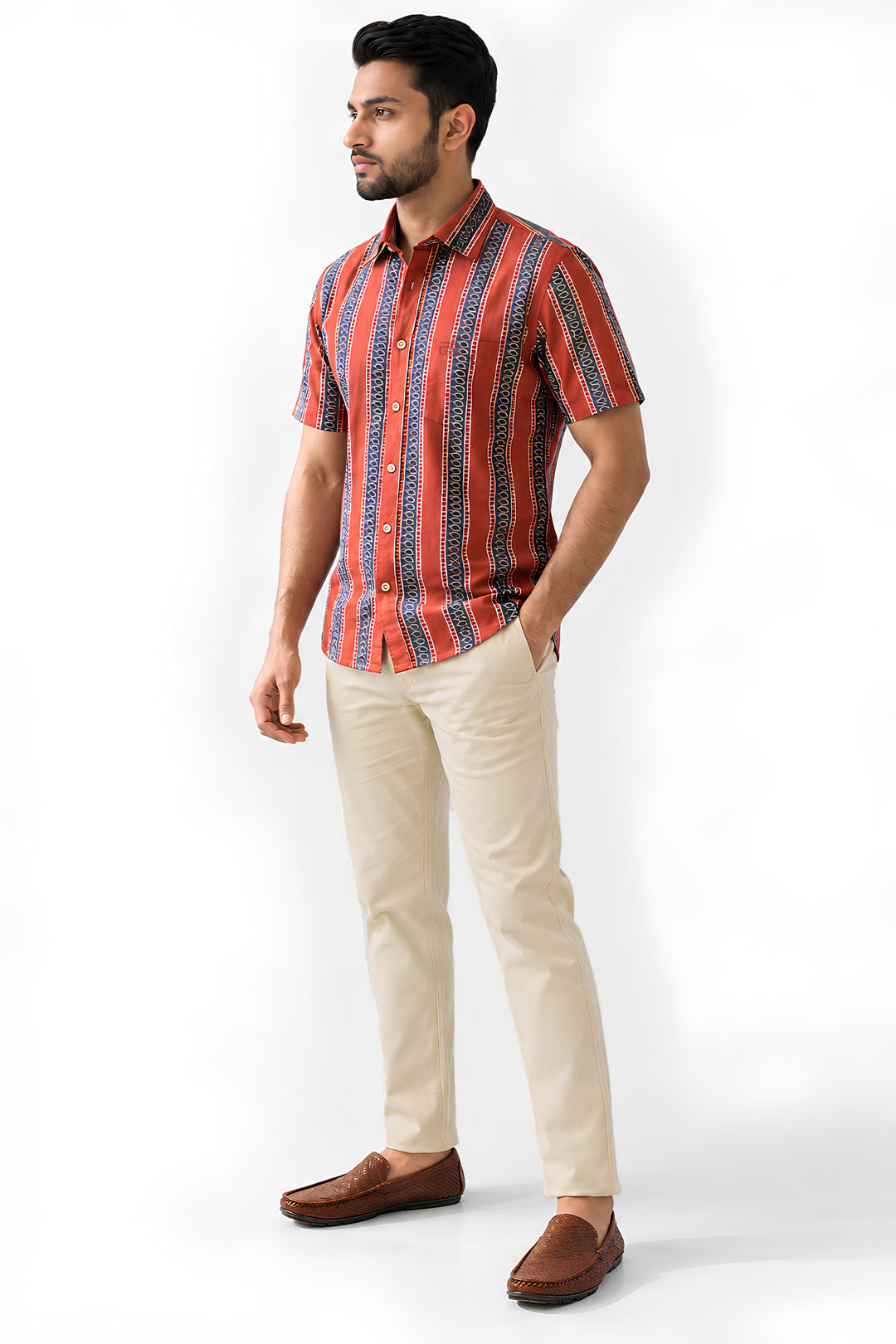Brick Red Shirt With Sandal Trouser Combo For Men
