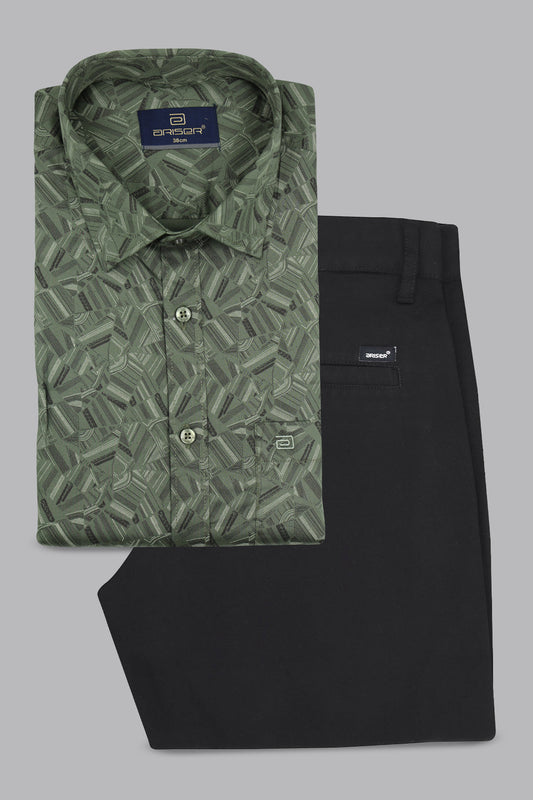 Green patterned shirt and black pants with Emporio Armani branding on a gray background