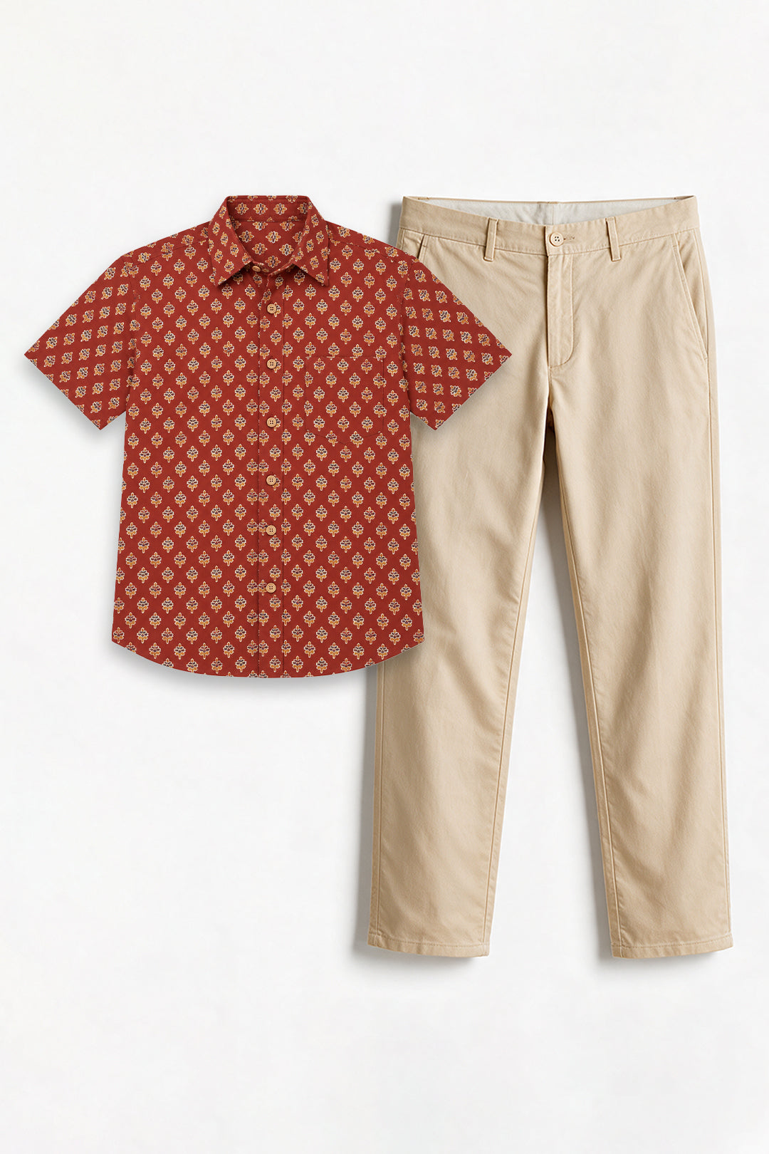 Rust Red Shirt With Sandal Trouser Combo For Men