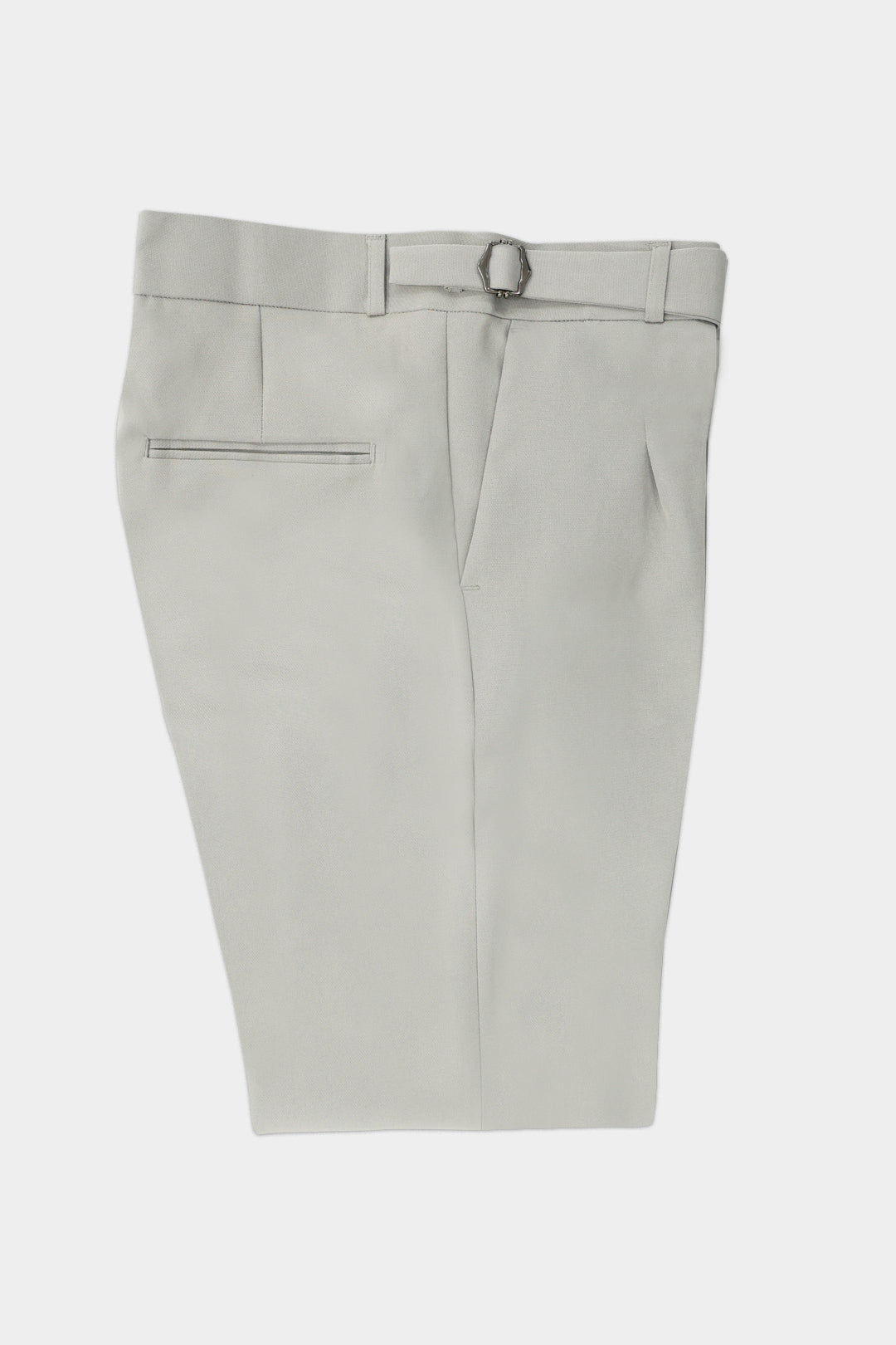 A pair of light gray tailored trousers shown flat against a solid light gray background.