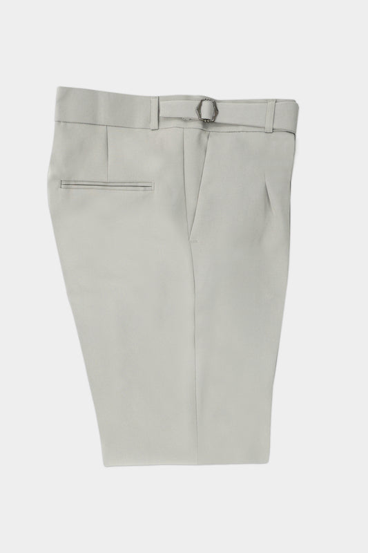 A pair of light gray tailored trousers shown flat against a solid light gray background.