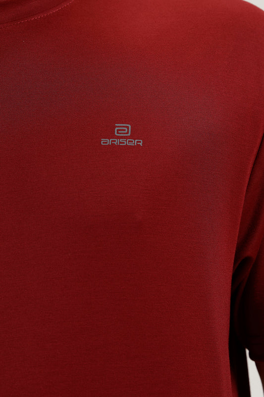 maroon round neck T-shirt designed for men’s active and casual wear.