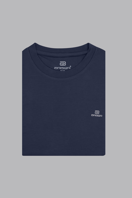 Navy blue t-shirt with a ariser brand logo on a gray background