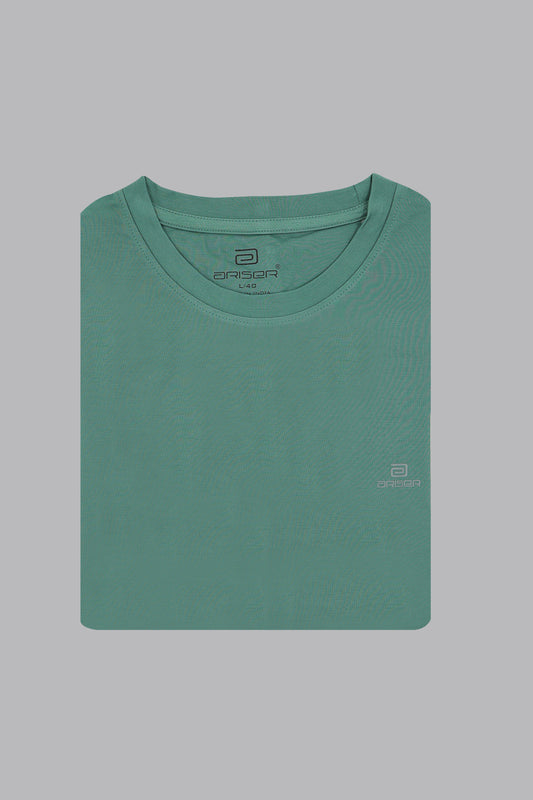 Green t-shirt with brand logos on a gray background
