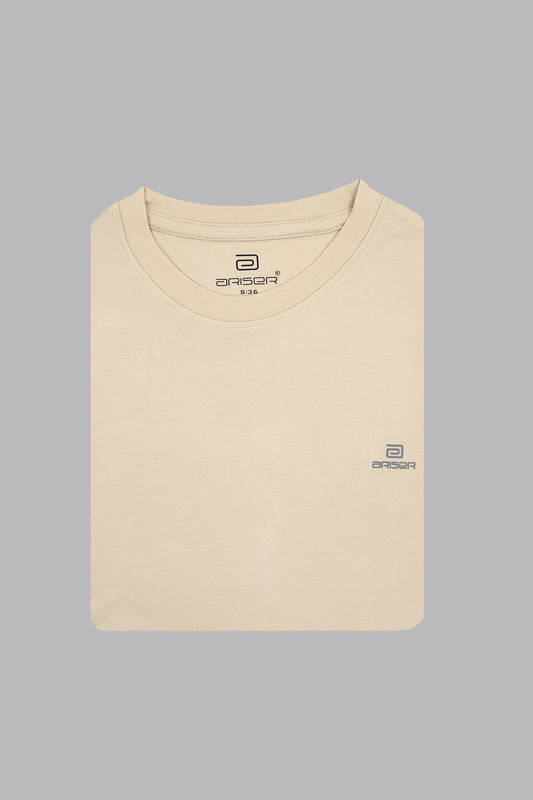 Beige t-shirt with a ariser brand logo on a gray background