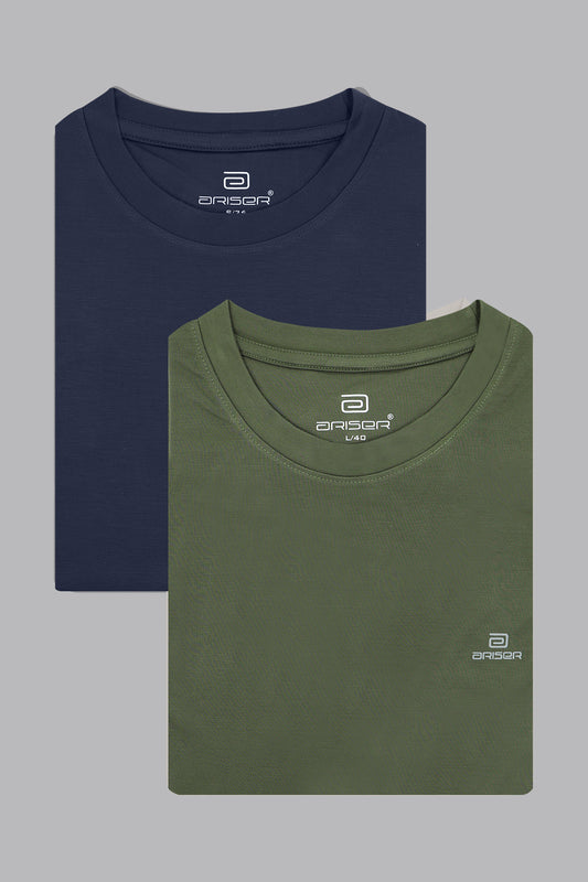 Two folded t-shirts, one navy and one green, on a gray background.