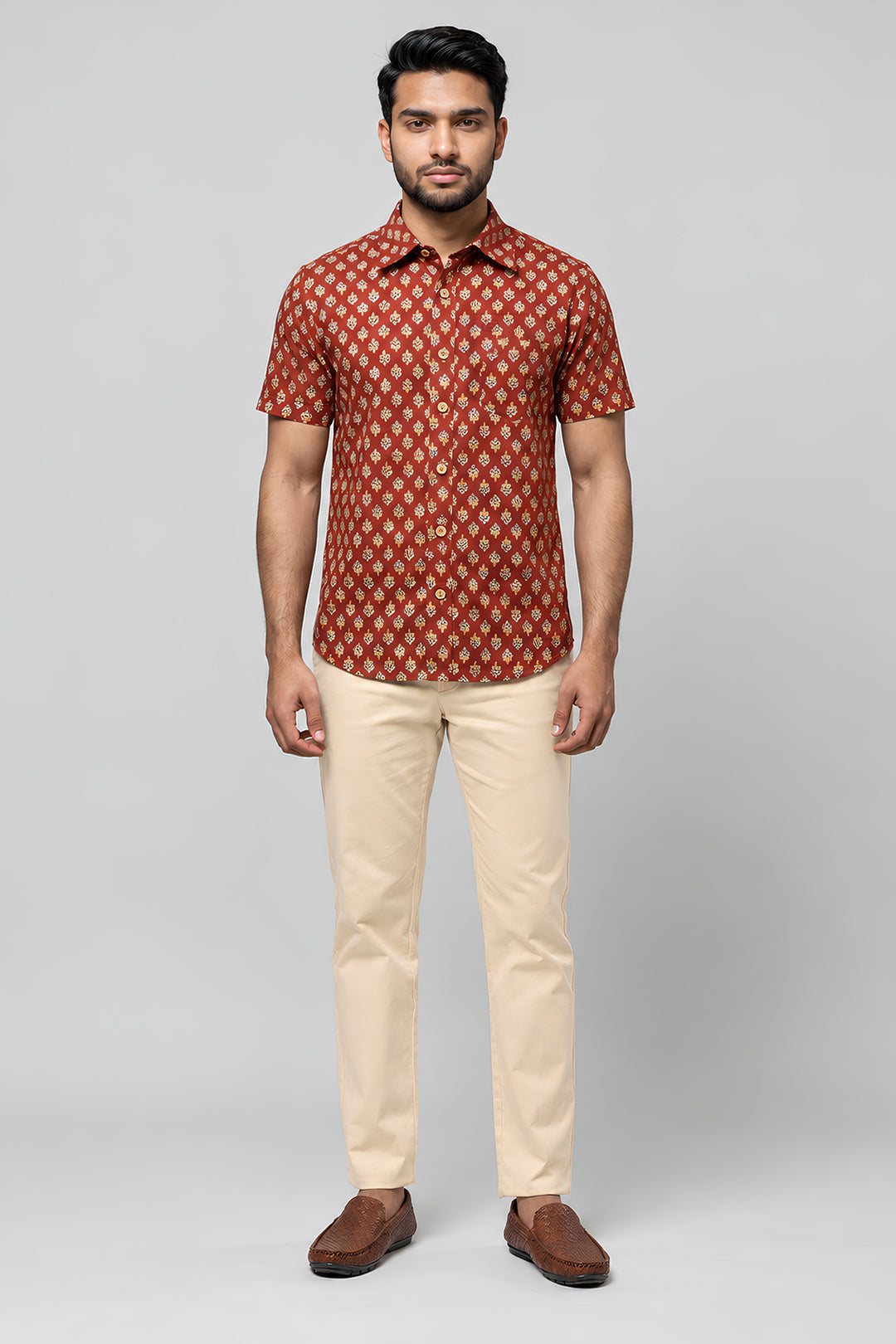 Rust Red Shirt With Sandal Trouser Combo For Men