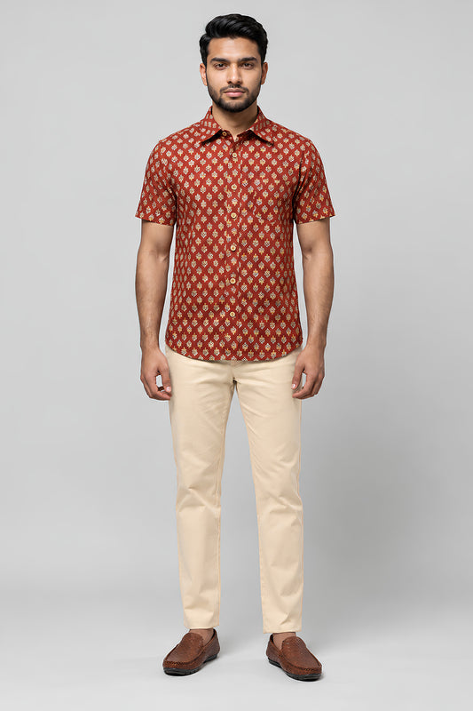 Rust Red Shirt With Sandal Trouser Combo For Men