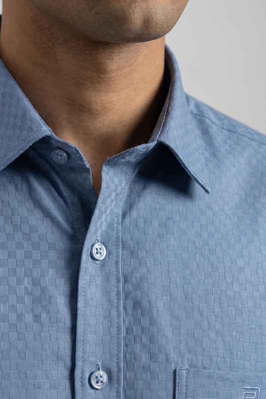 Italian Dobby - Steel Blue Embossed Line Formal Shirts for Men | Ariser