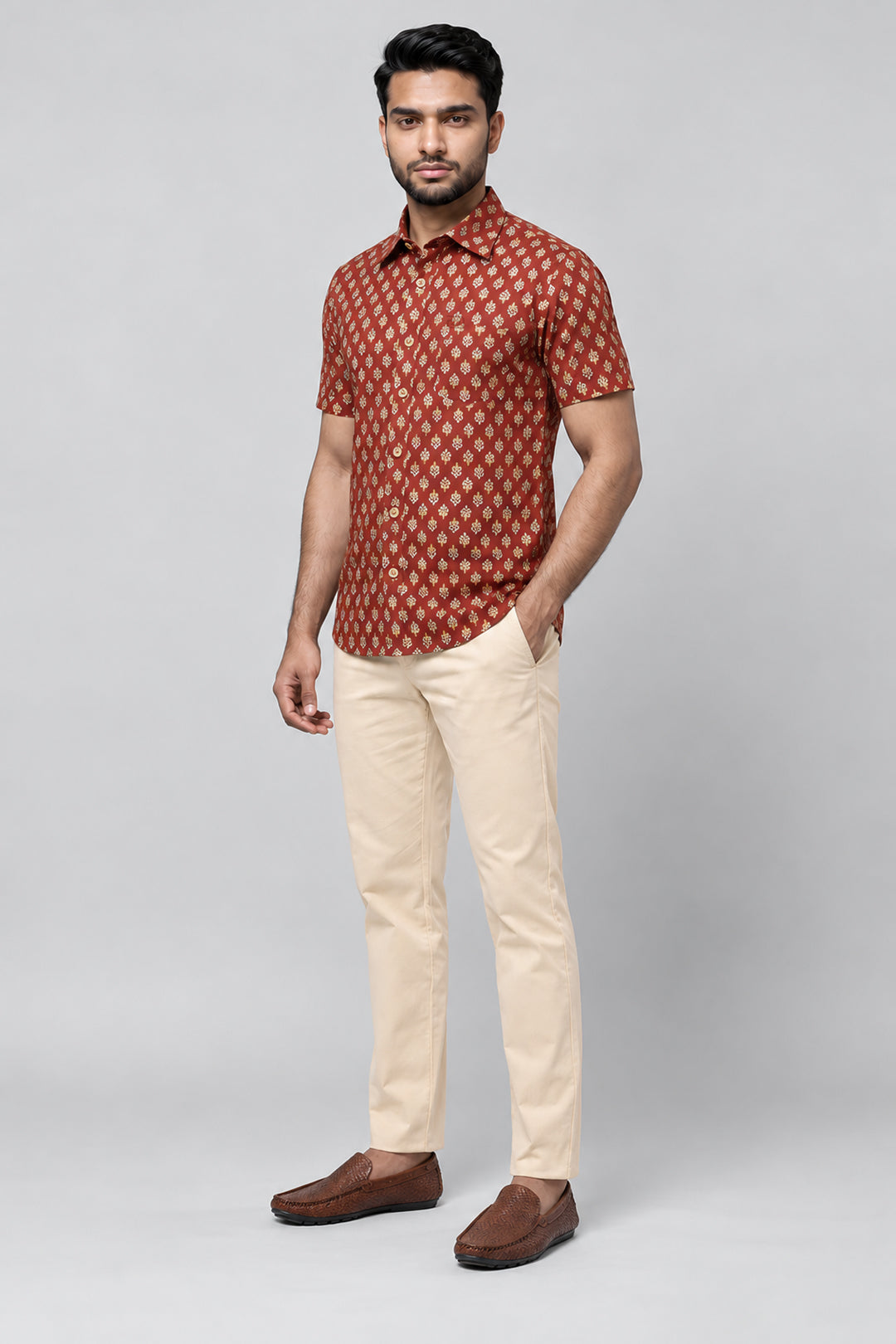 Rust Red Shirt With Sandal Trouser Combo For Men