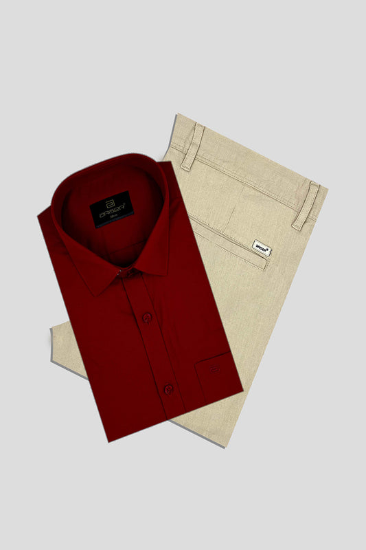Super Soft + Kansas - Blood Red Shirt With Cream White Trouser Combo For Men | Ariser