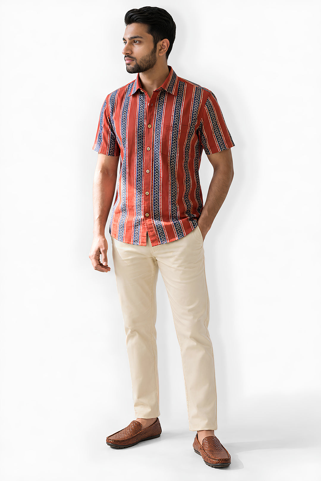 Brick Red Shirt With Sandal Trouser Combo For Men