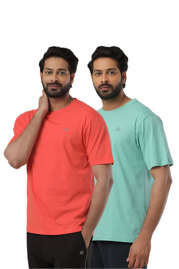 Round Neck - Orange and Light Green Solid T-Shirt Pack Of 2 Combo For Men | Ariser