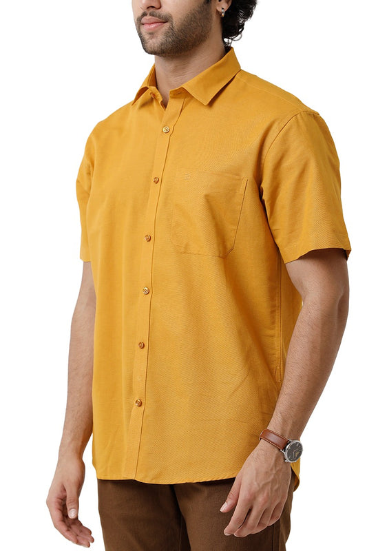 Ariser Jute Classic Mustard Yellow 100% Cotton Half Sleeve Solid Smart Fit Formal Shirt For Men