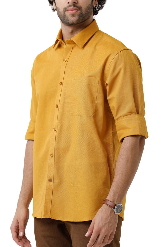 Ariser Jute Classic Mustard Yellow 100% Cotton Full Sleeve Solid Smart Fit Formal Shirt For Men