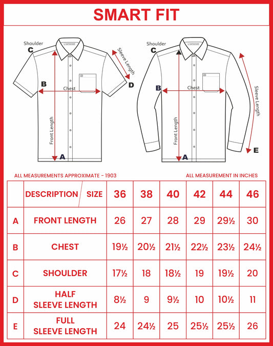 Smart Fit shirt size chart with measurements on a white background