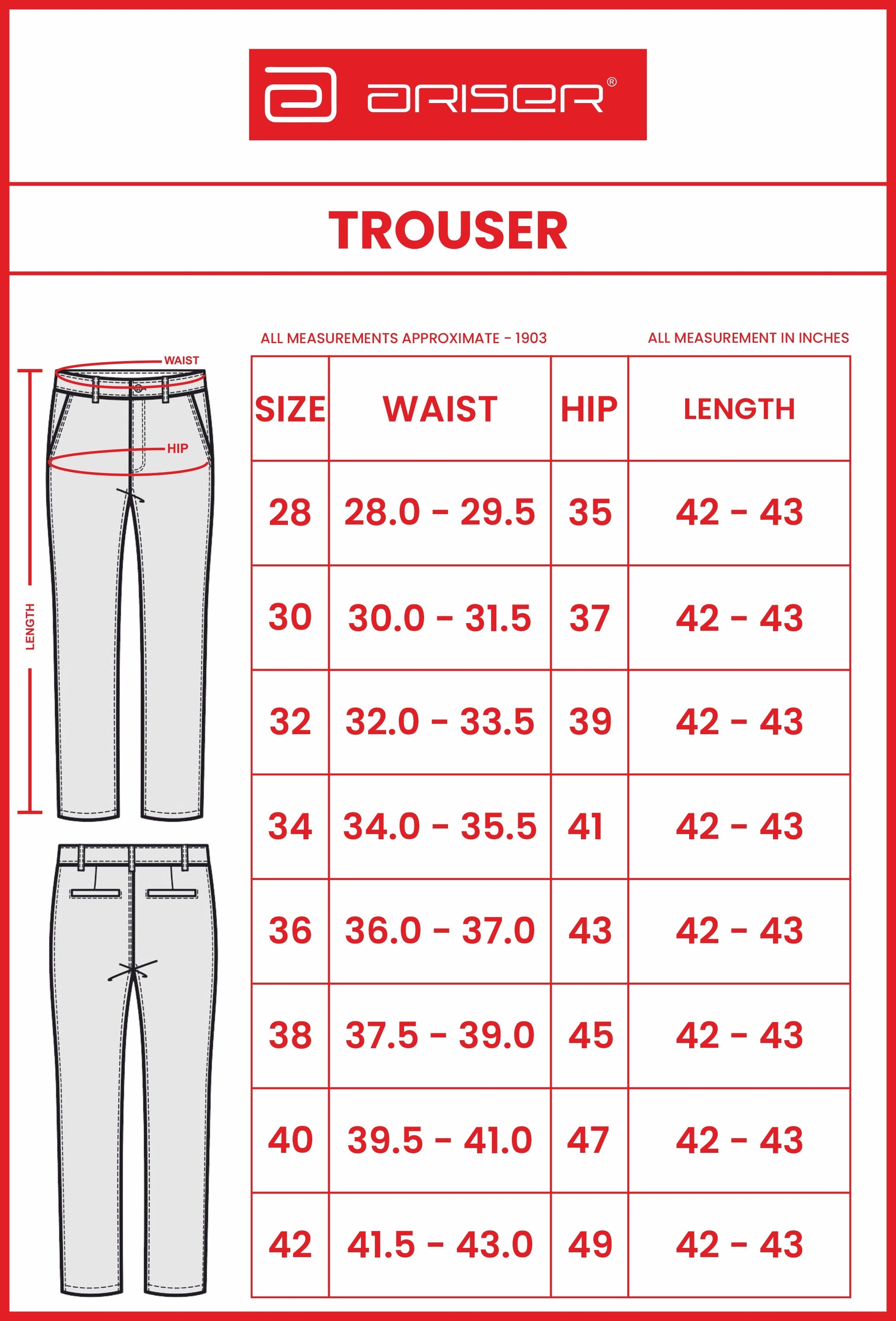 Measurement chart for trousers with size guide on a white background