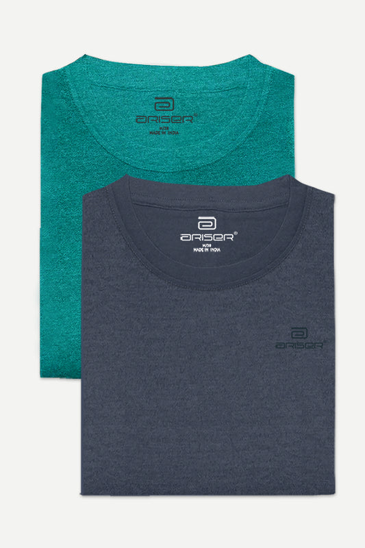 Round Neck - Teal Green and Navy Melange Cotton Rich Blend Solid T-Shirt Pack Of 2 Combo For Men | Ariser