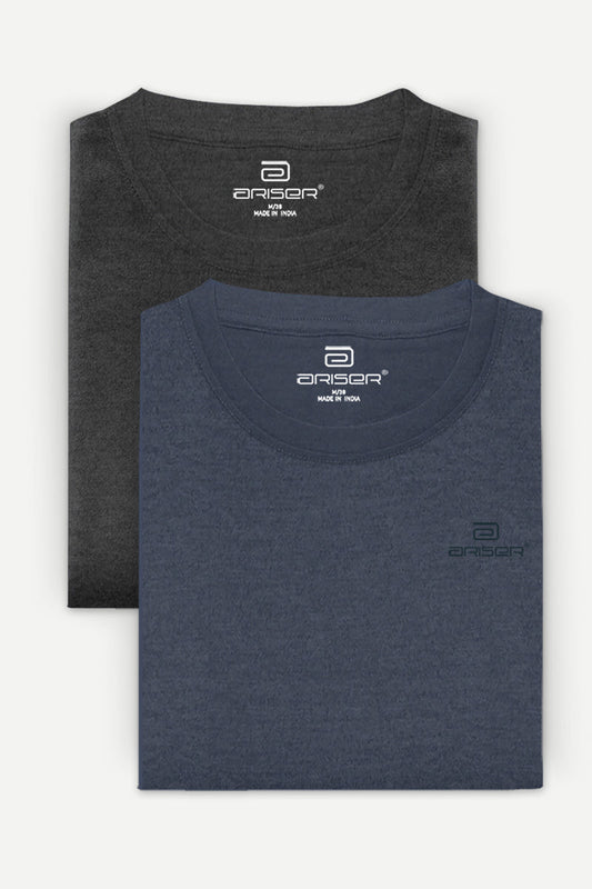 Round Neck - Charcoal Melange and Navy Melange Solid T-Shirt Pack Of 2 Combo For Men | Ariser