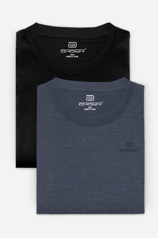 Round Neck - Black and Blue Melange Solid T-Shirt Pack Of 2 Combo For Men | Ariser