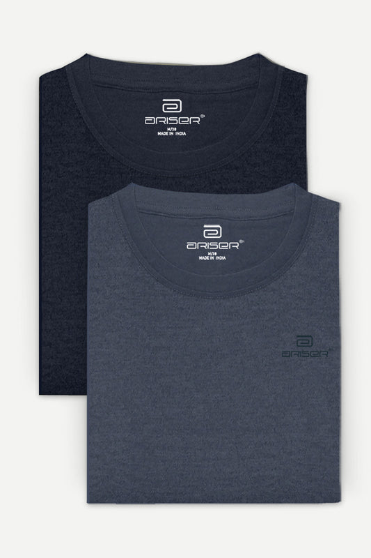 Round Neck - Blue and Blue Melange Solid T-Shirt Pack Of 2 Combo For Men | Ariser