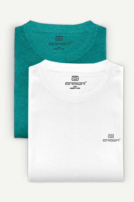 Round Neck - Teal Green and White Cotton Rich Blend Solid T-Shirt Pack Of 2 Combo For Men | Ariser