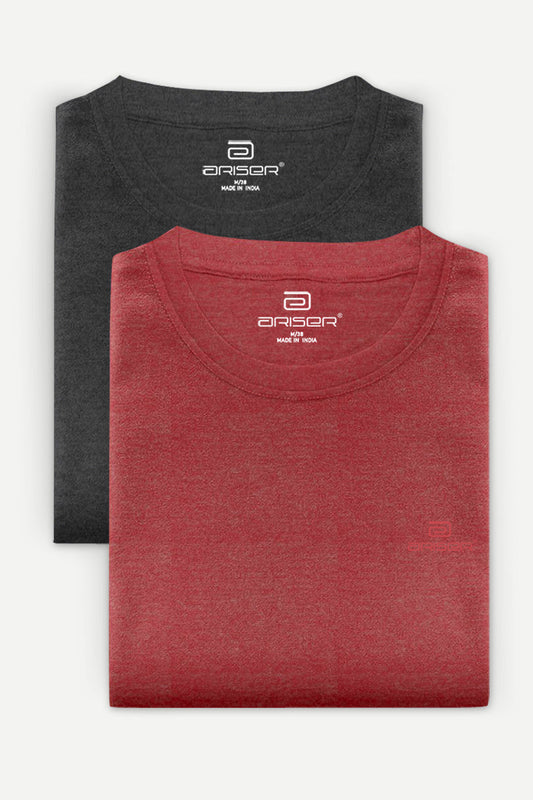 Round Neck - Charcoal Melange and Red Solid T-Shirt Pack Of 2 Combo For Men | Ariser