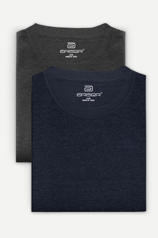 Round Neck - Charcoal Melange and Navy Blue Solid T-Shirt Pack Of 2 Combo For Men | Ariser