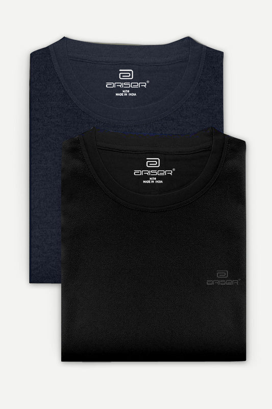 Round Neck - Black and Navy Blue Solid T-Shirt Pack Of 2 Combo For Men | Ariser