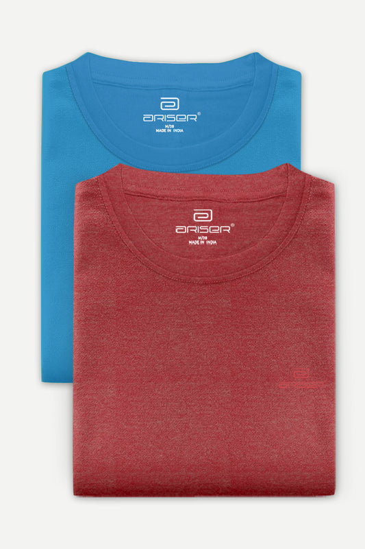 Round Neck - Blue and Red Melange Solid T-Shirt Pack Of 2 Combo For Men | Ariser