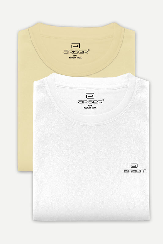 Round Neck - Coral Peach and White Solid T-Shirt Pack Of 2 Combo For Men | Ariser